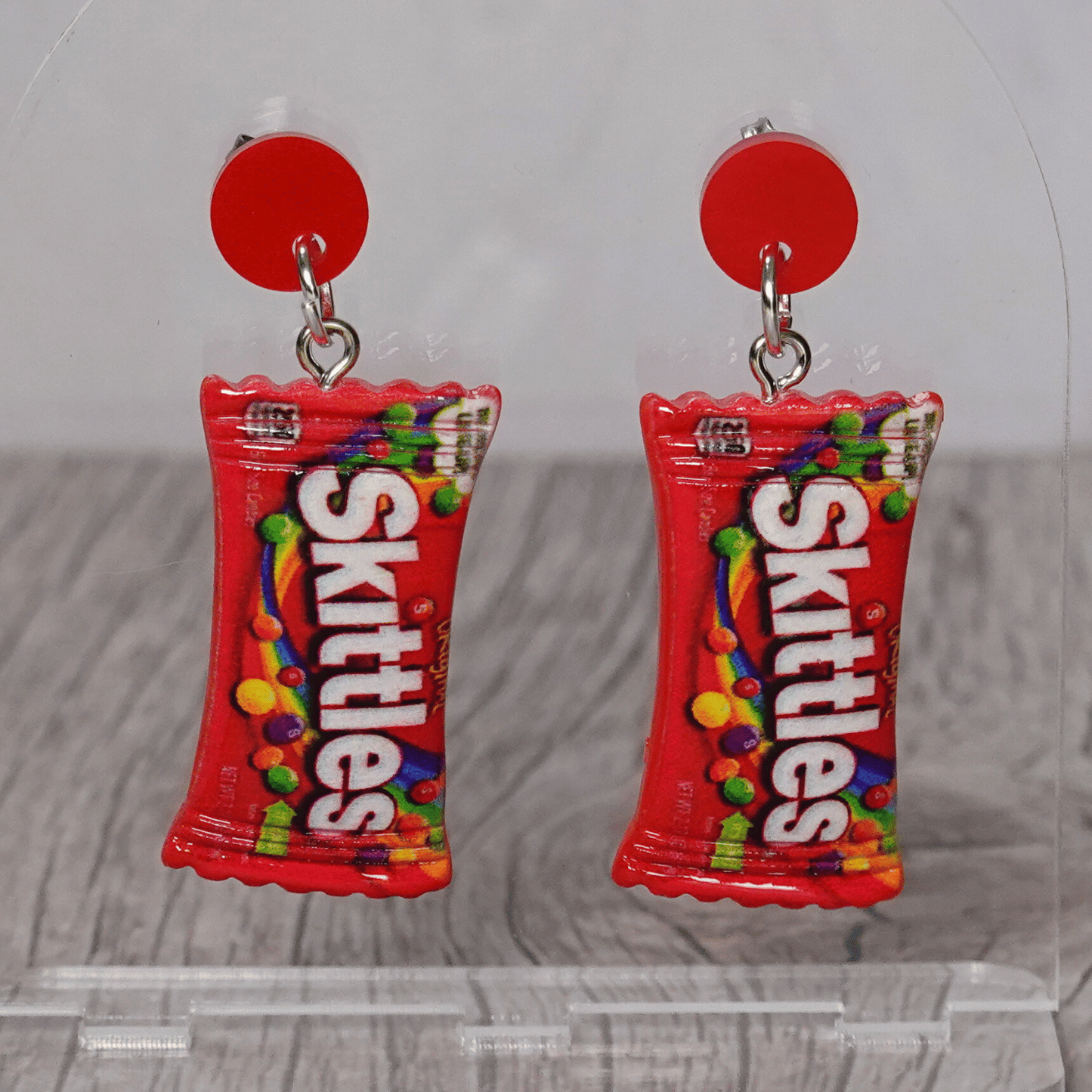 Mini Skittles candy packet shaped dangle earrings