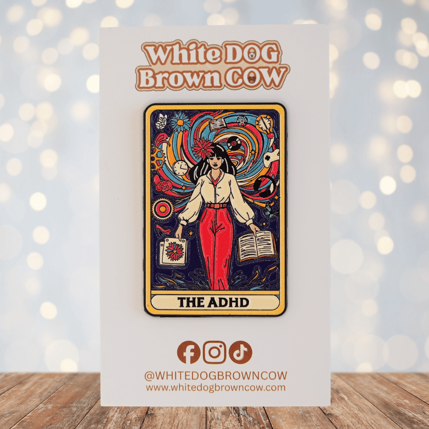 Funny ADHD tarot card enamel pin with colorful multitasking illustration for neurodivergent humor