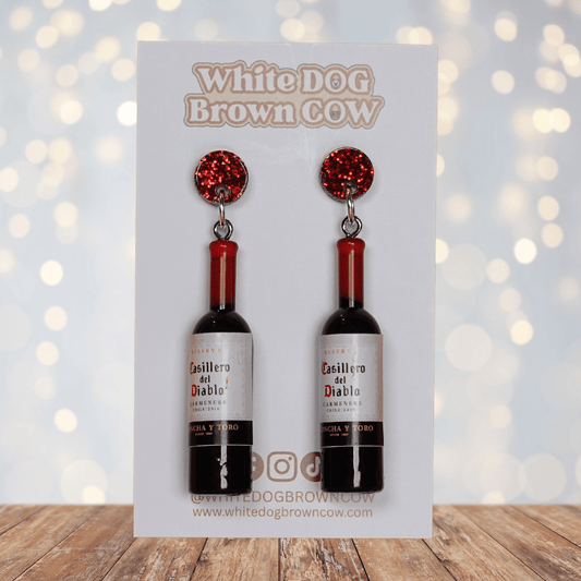 Mini red wine bottle shaped dangle earrings
