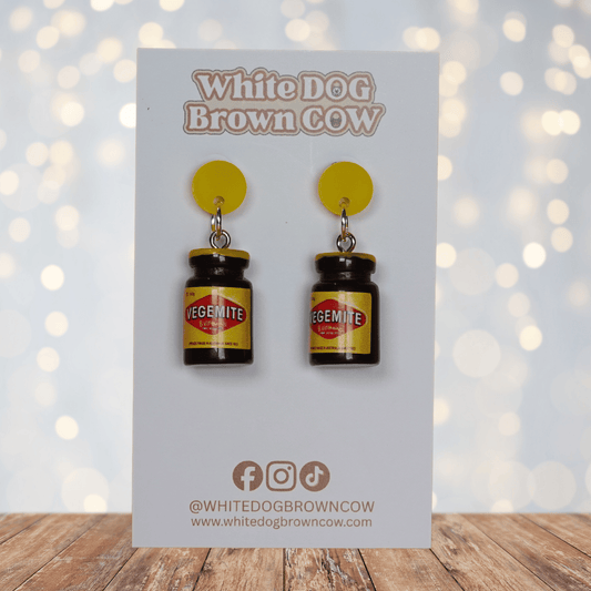 Mini Vegemite jar novelty dangle earrings with silver hooks, inspired by the classic Australian spread.