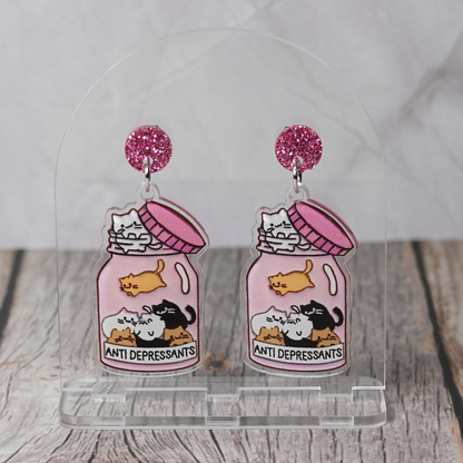 "Antidepressant" Cat Stud Dangle Earrings
