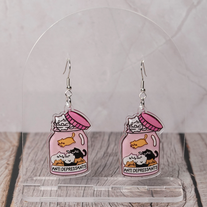"Antidepressant" Cat Hook Dangle Earrings