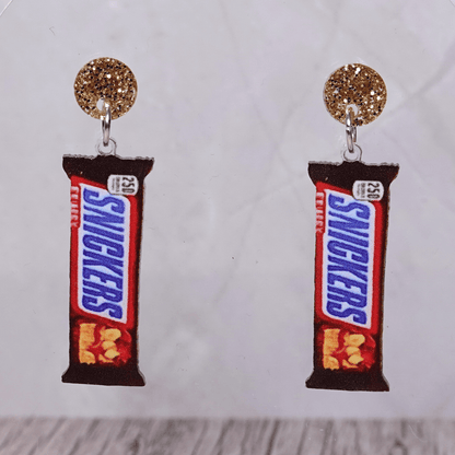 Chocolate bar shaped dangle earrings styled like a wrapped candy bar