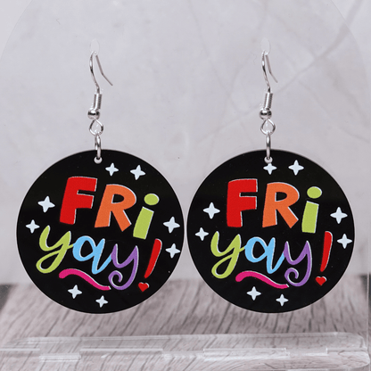 Round black dangle earrings with colorful “Fri Yay” text design