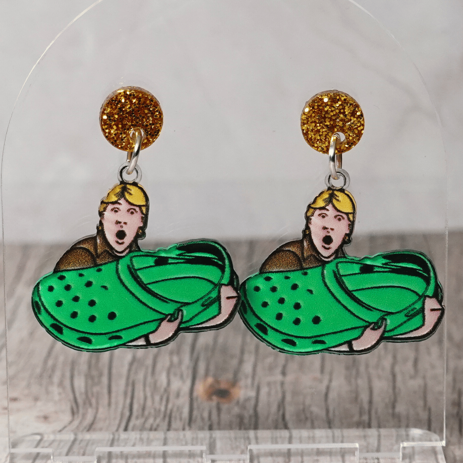 Novelty dangle earrings showing  Steve Irwin holding an oversized green clog shoe