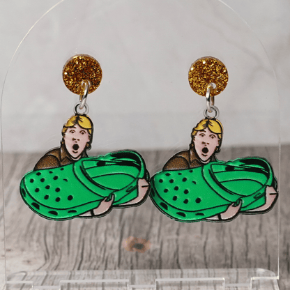 Novelty dangle earrings showing  Steve Irwin holding an oversized green clog shoe