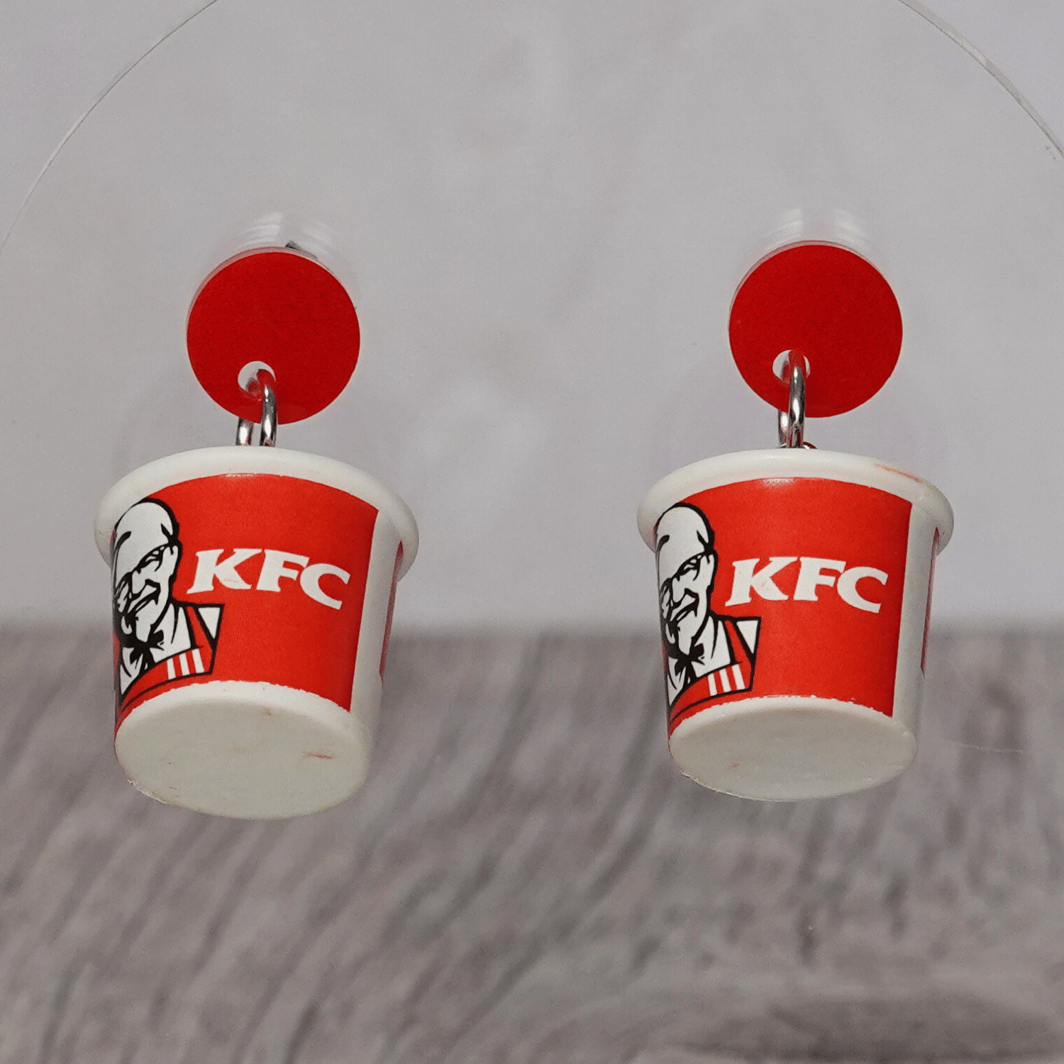 KFC inspired mini fried chicken bucket–style novelty dangle earrings with red and white design