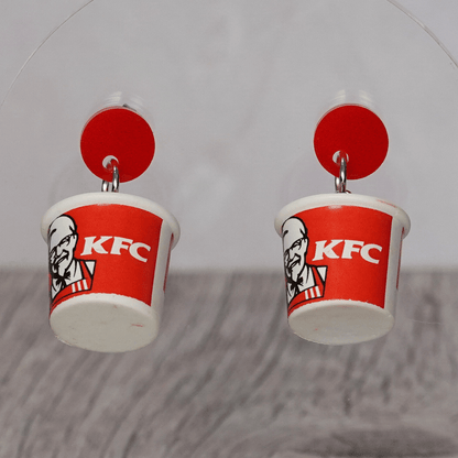 KFC inspired mini fried chicken bucket–style novelty dangle earrings with red and white design