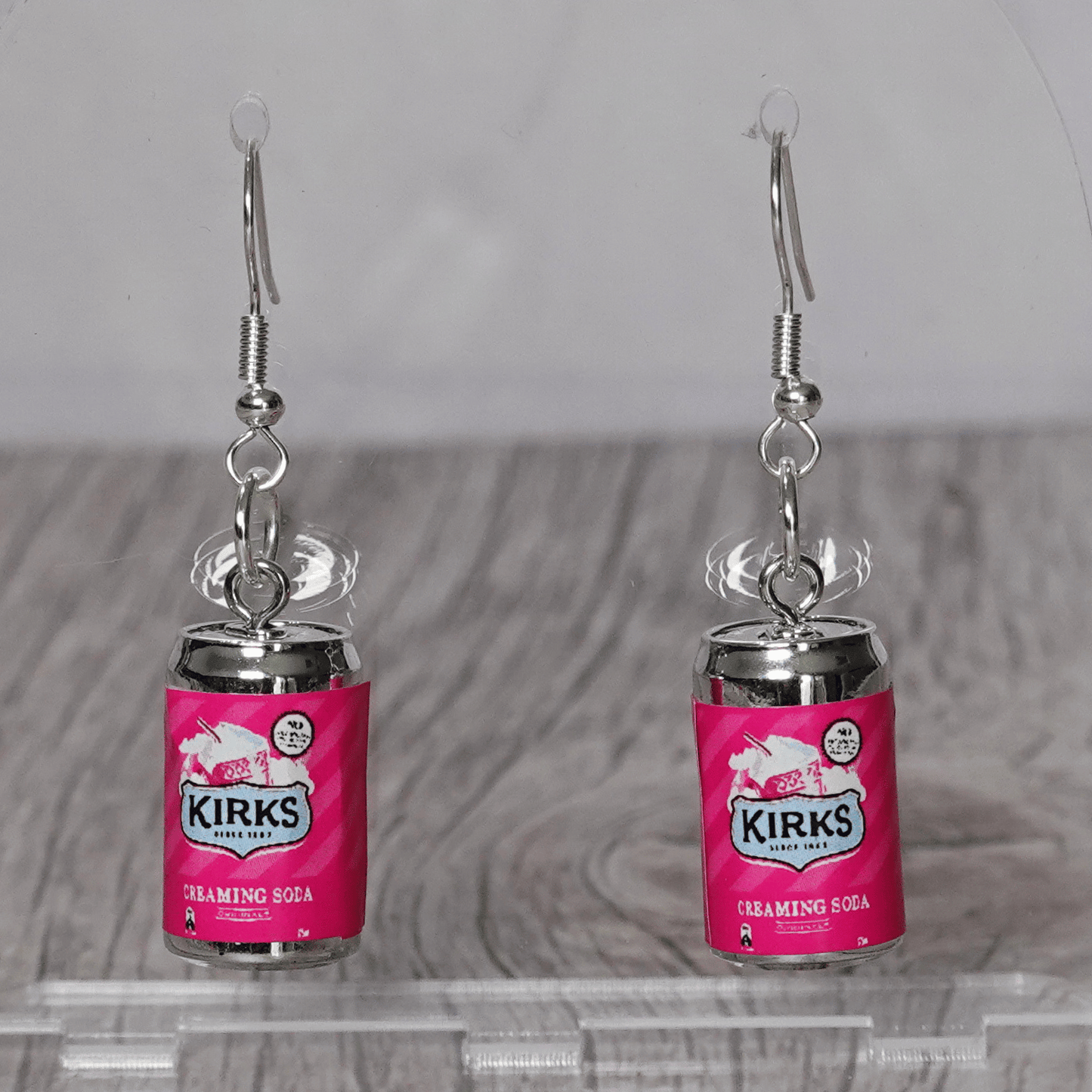 Mini Kirks Creaming Soda–style pink soft drink can novelty dangle earrings