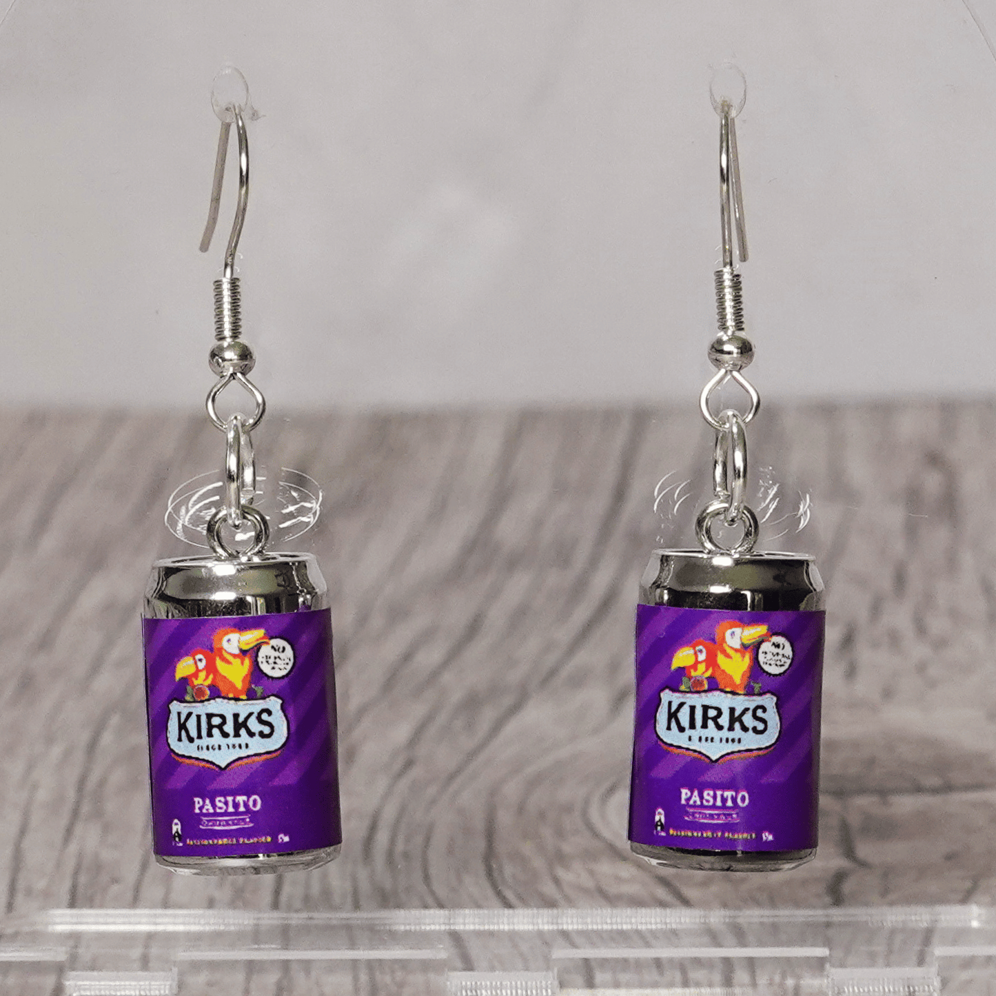 Mini Kirks Pasito–style soft drink can novelty dangle earrings