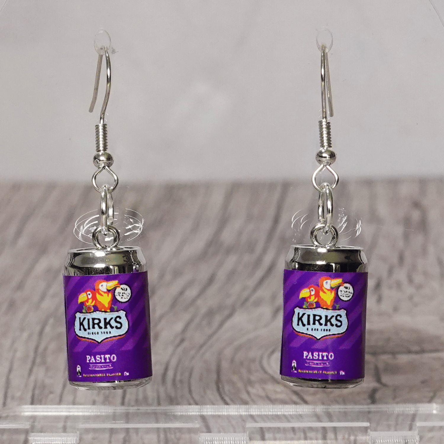 Mini Kirks Pasito–style soft drink can novelty dangle earrings