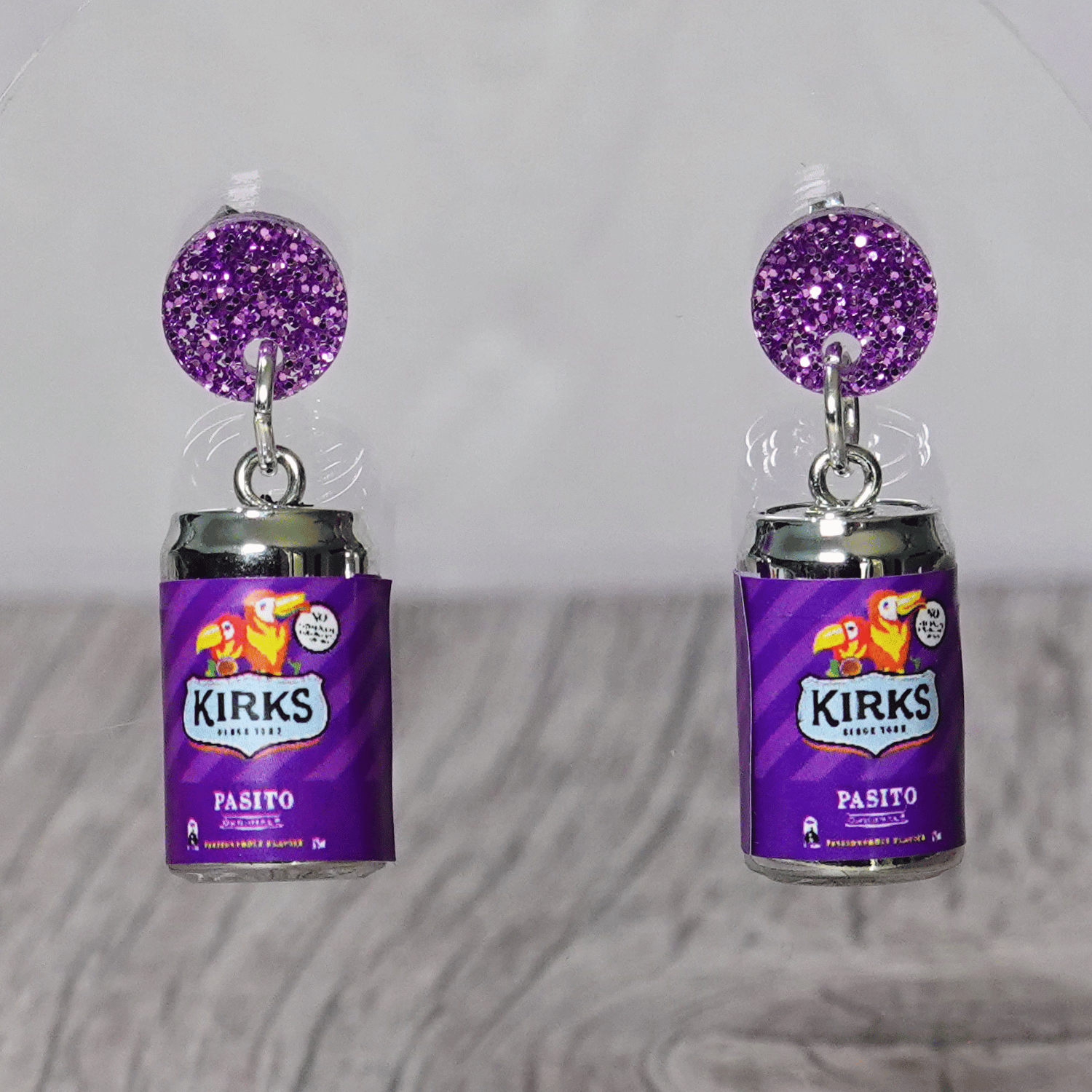 Mini Kirks Pasito–style soft drink can novelty dangle earrings