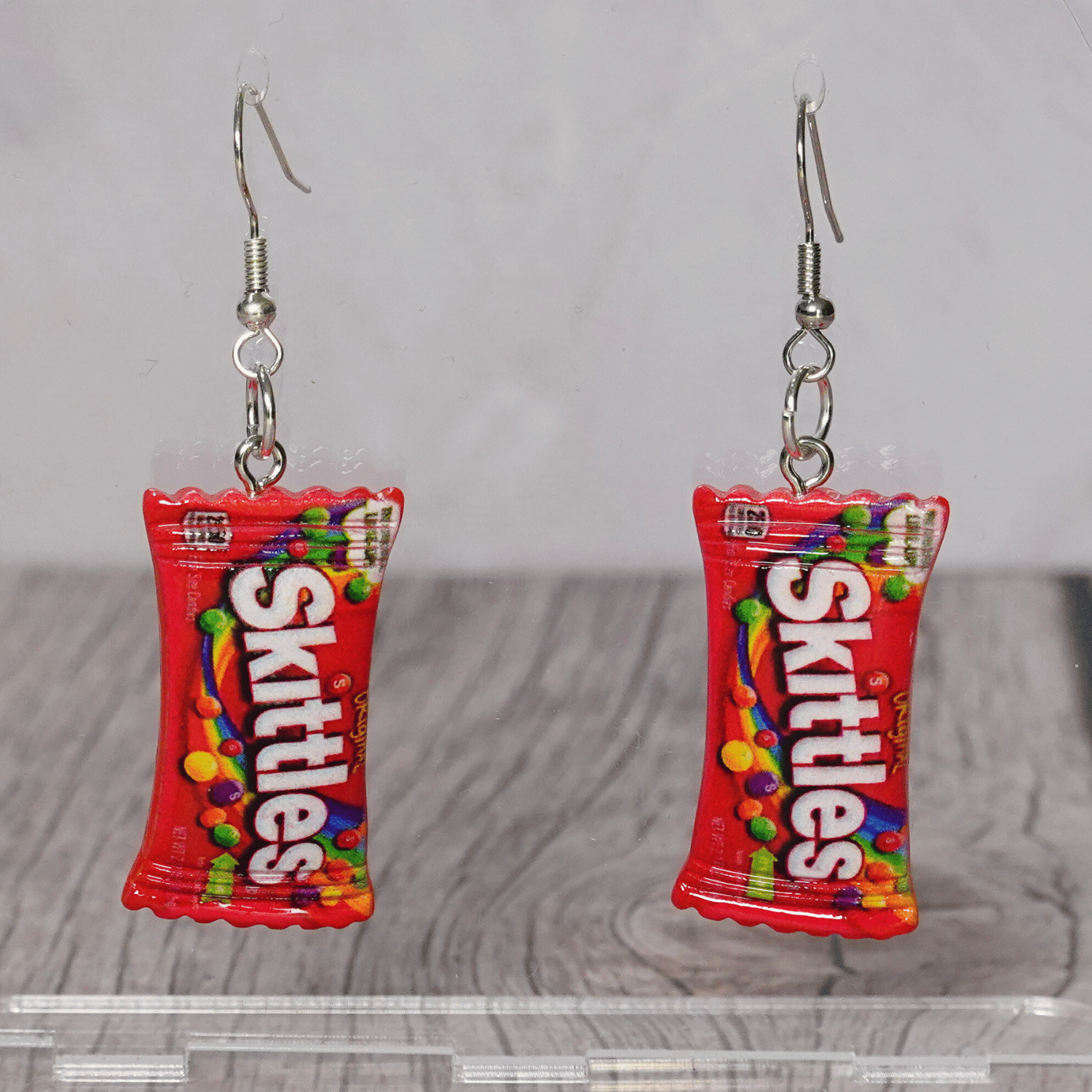 Mini Skittles candy packet shaped dangle earrings