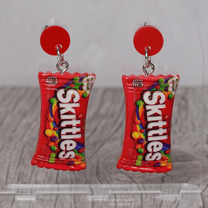 Mini Skittles candy packet shaped dangle earrings