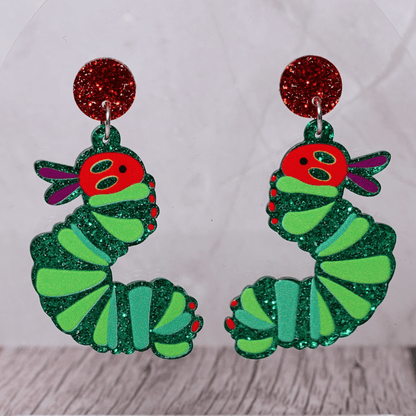 Glitter very hungry caterpillar dangle earrings with red and green details