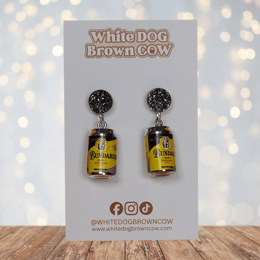 Novelty dangle earrings shaped like small rum and cola drink cans