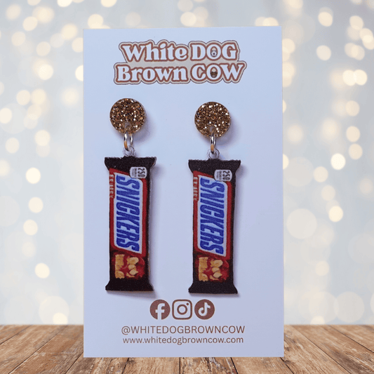 Chocolate bar shaped dangle earrings styled like a wrapped candy bar 