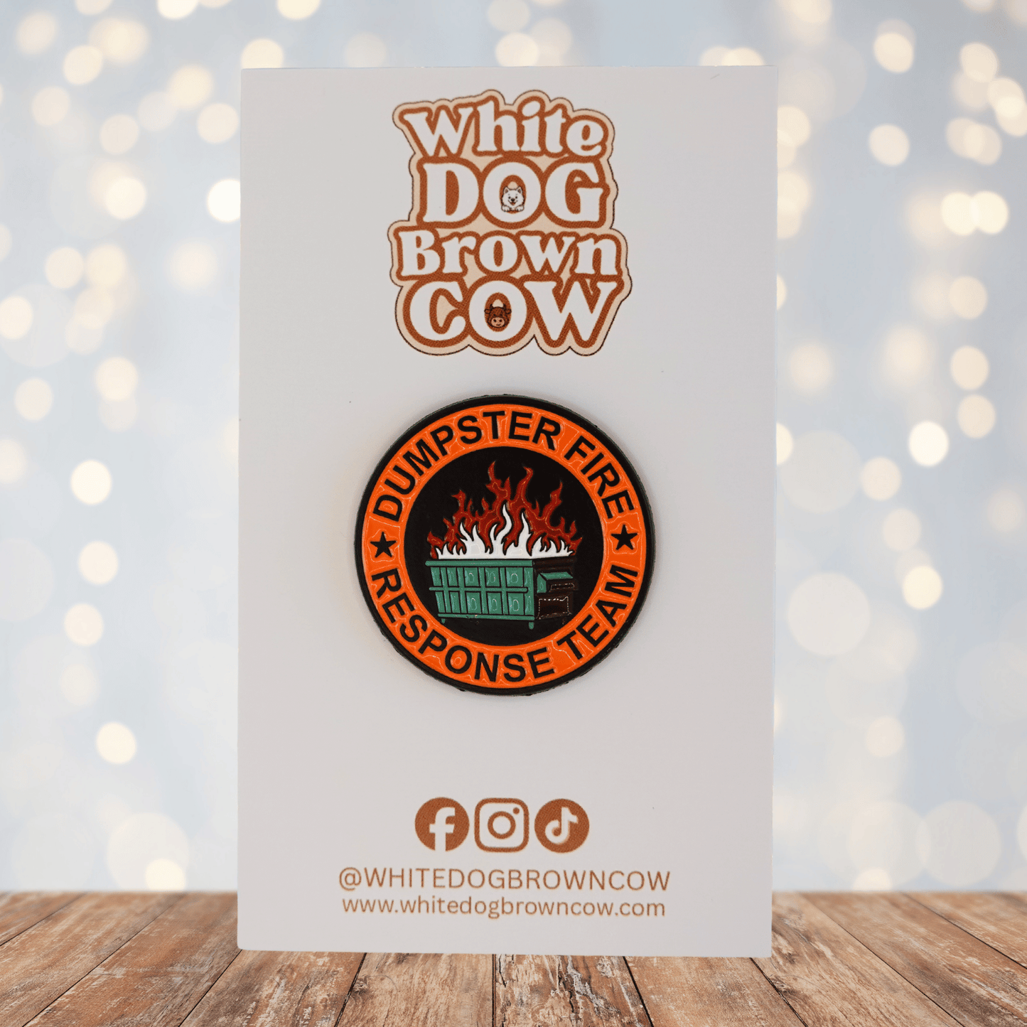 Dumpster Fire Response Team funny sarcastic enamel pin with flaming dumpster design