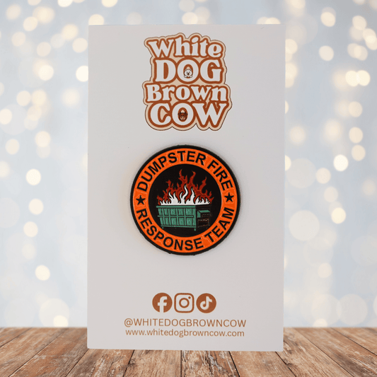 Dumpster Fire Response Team funny sarcastic enamel pin with flaming dumpster design