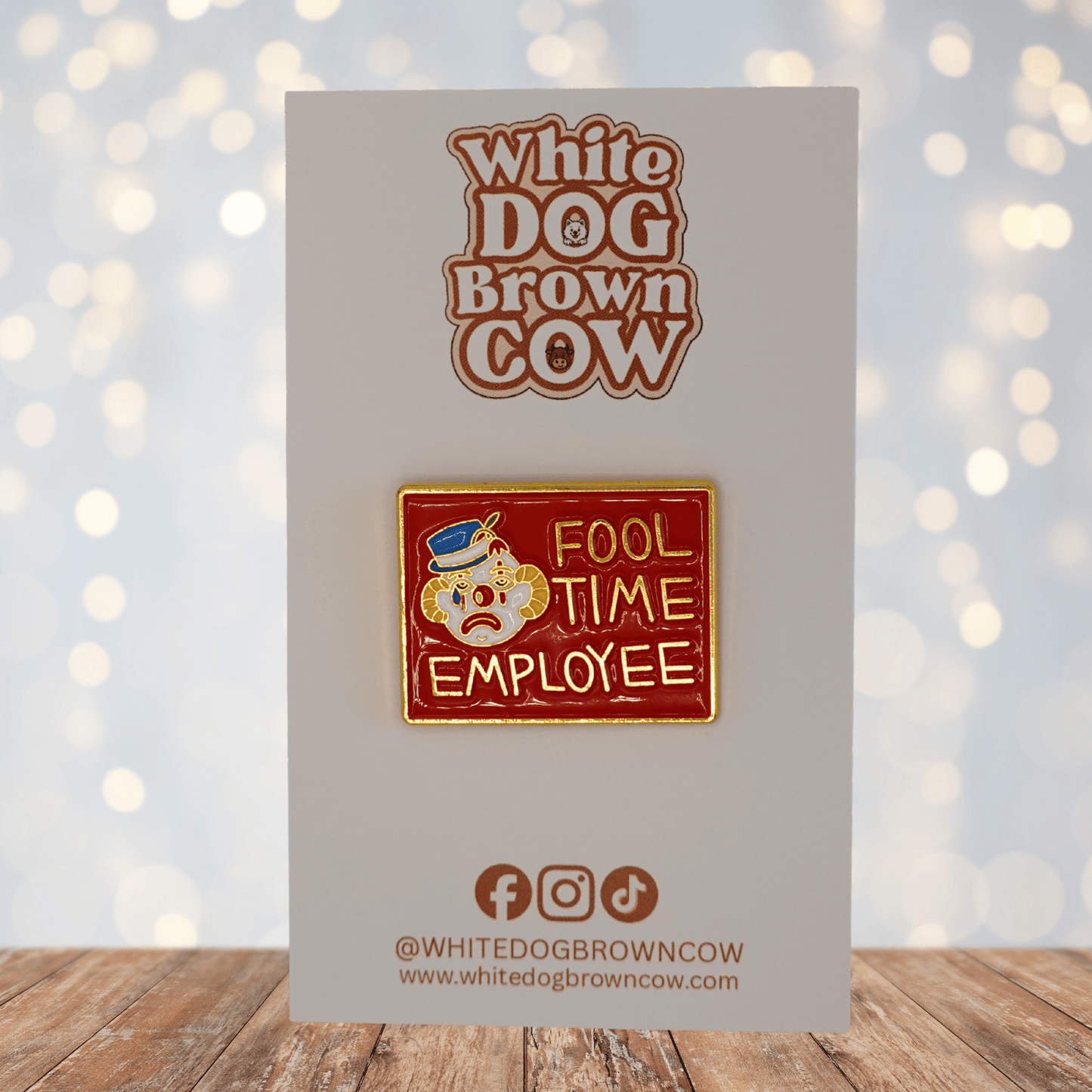 Funny sarcastic “Fool Time Employee” enamel pin with sad clown face, novelty work humor lapel pin gift for coworkers