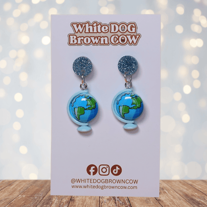 Blue globe dangle earrings with world map design and glitter stud tops