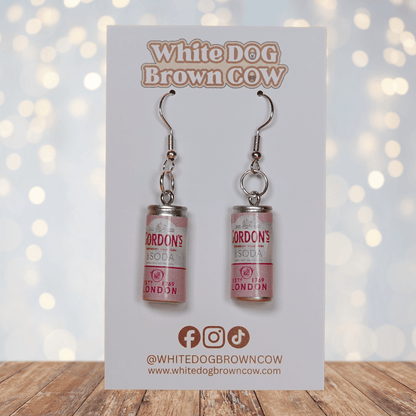 Mini pink gin and soda–style can novelty dangle earrings