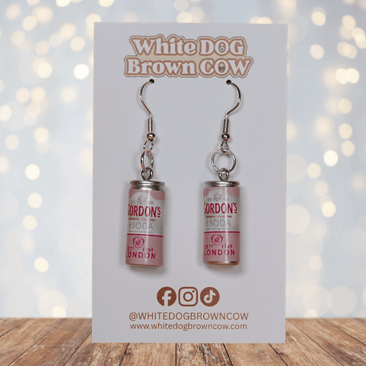 Mini pink gin and soda–style can novelty dangle earrings