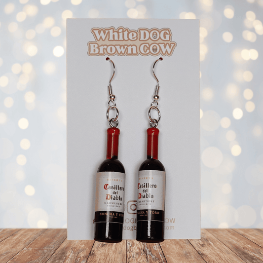 Mini red wine bottle shaped dangle earrings