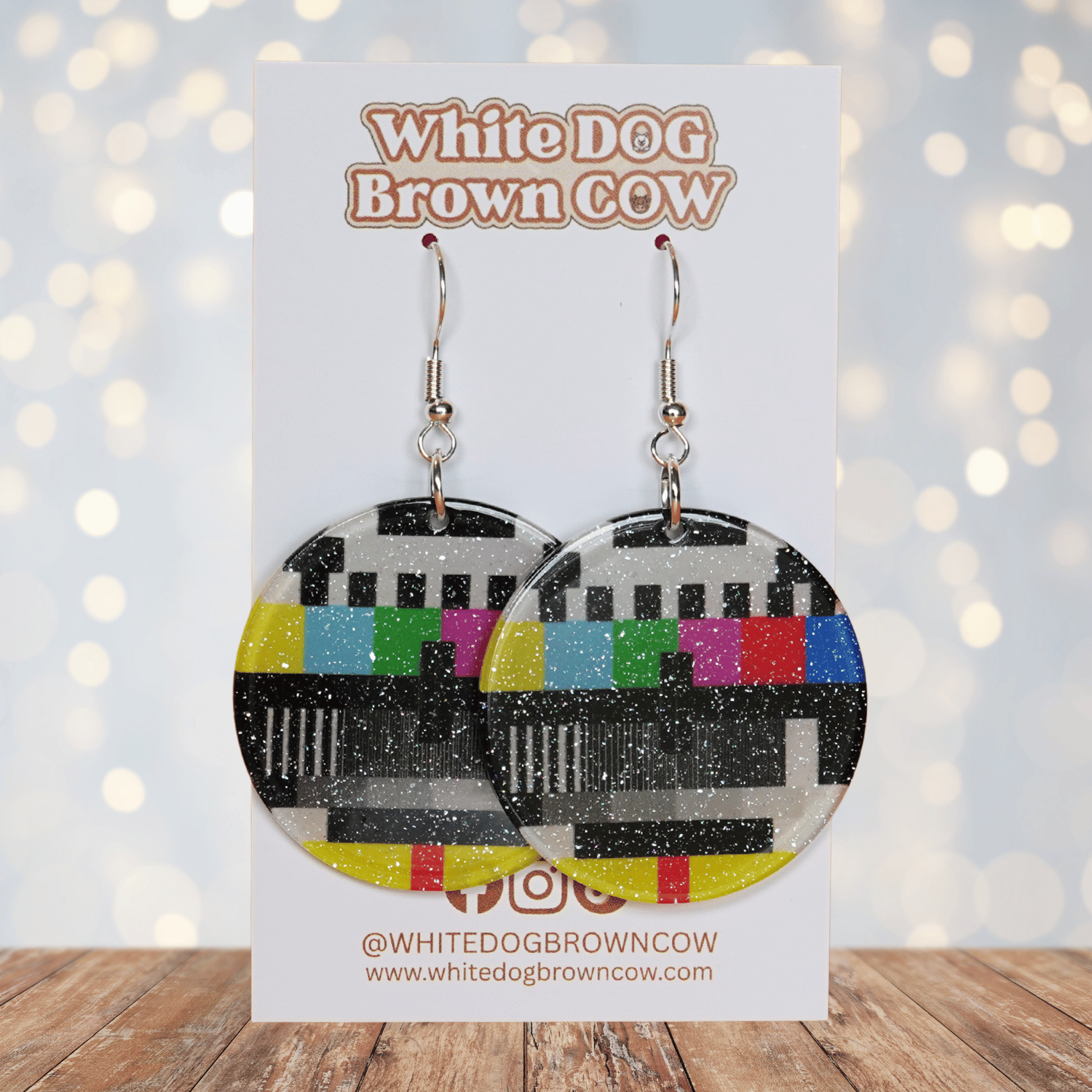 Round dangle earrings featuring a retro television test pattern with colorful bars and black and white graphics.