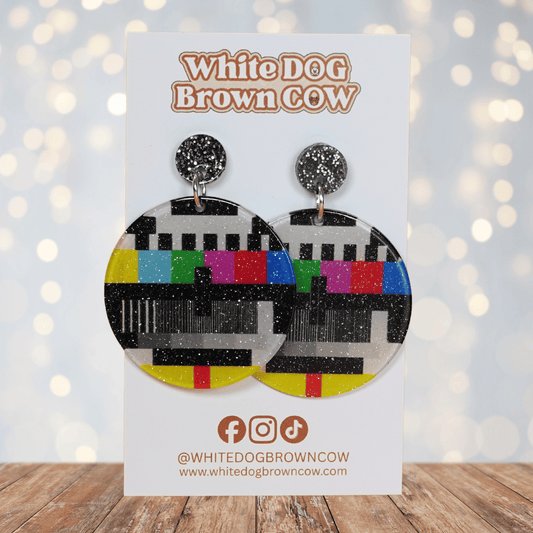 Round dangle earrings featuring a retro television test pattern with colorful bars and black and white graphics.