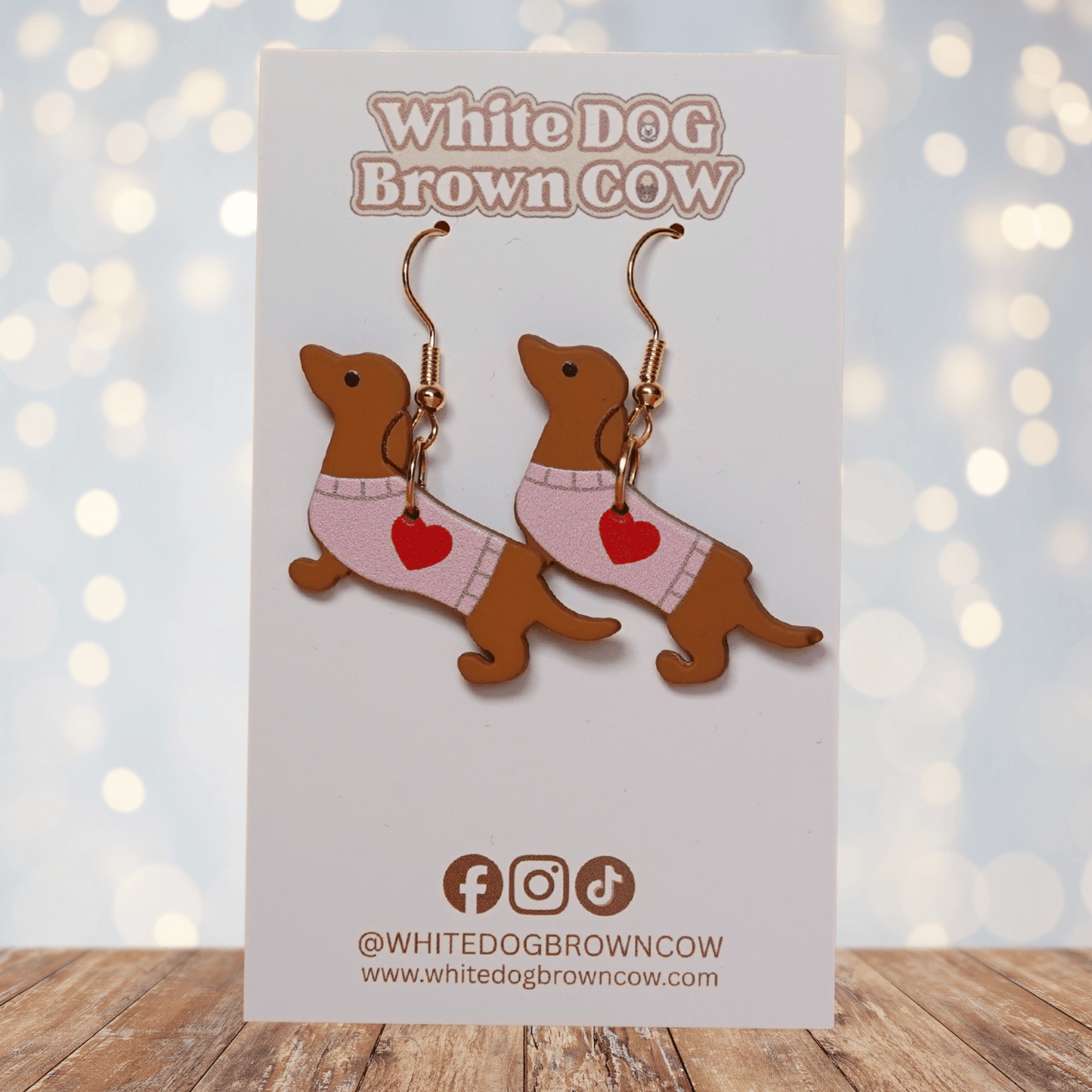 Brown dachshund heart sweater dangle earrings
