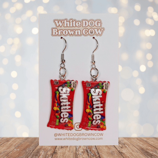 Mini Skittles candy packet shaped dangle earrings