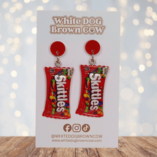 Mini Skittles candy packet shaped dangle earrings